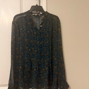 LOFT Teal Floral Sheer Button-Front Blouse